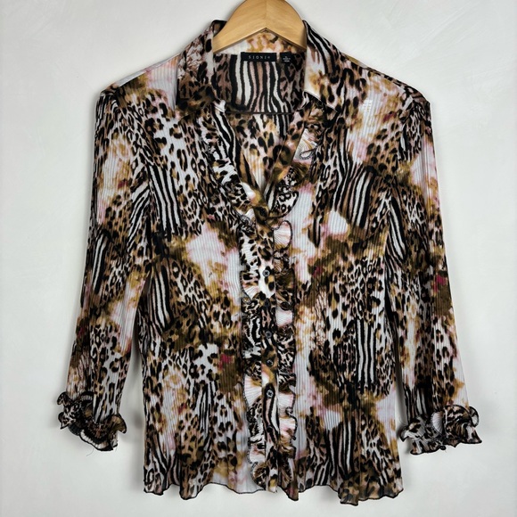 Sioni Tops - SIONI Women’s Pleated Animal Print Blouse XL Y2K Mobwife Ruffles